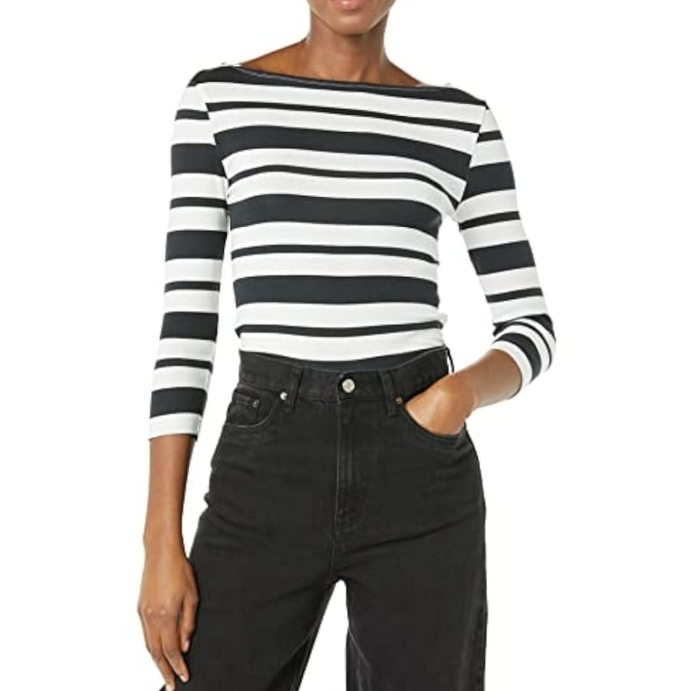 Amazon Essentials boatneck 3/4 sleeve tee size small black and white stripes